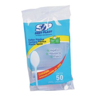 Colher Plástica Descartável Sertplast Sobremesa Branca Embalagem 50 Un